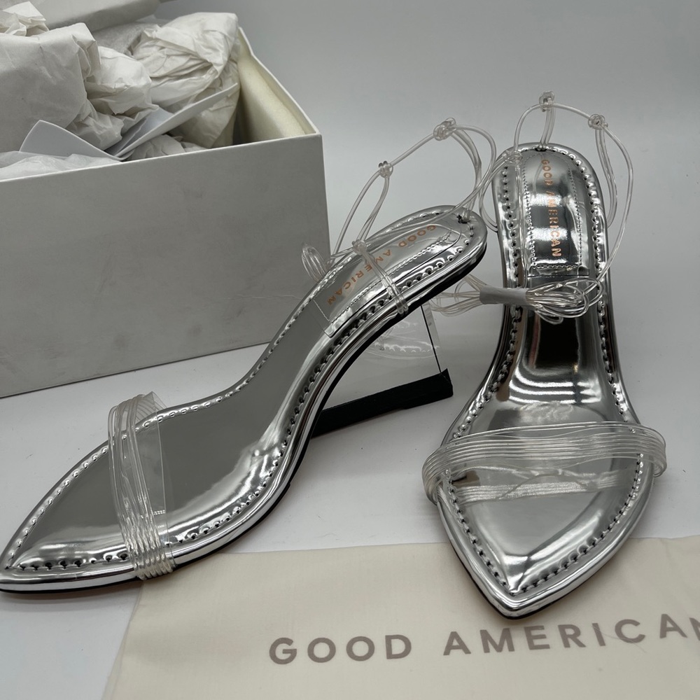 NEW Good American Cinderella Clear Wedge Sandal Silver Mirror GA368V-X Size 8.5